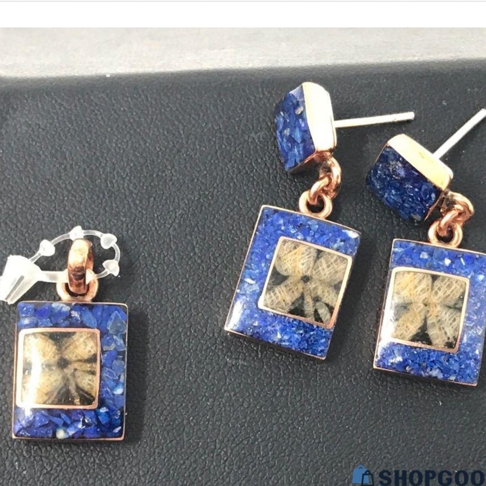 Blue Lapis Lazuli copper sterling pendant earrings Vintage set Chile flower